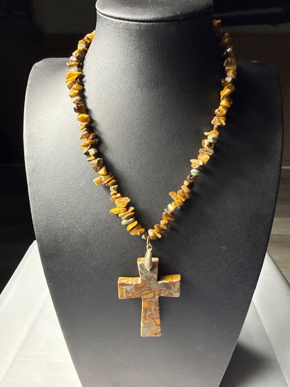 Vintage Tiger Eye Chip Bead Necklace Natural Stone Cross Pendant Earthy
